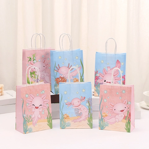 Bolsas de Regalo de Papel Kraft de Dibujos Animados de Ajolote Con Asas Patrón de Vida Marina para Fiesta de Cumpleaños Infantil Bolsas