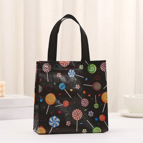 Bolsa de Regalo de Mano de Tela No Tejida Laminada Impermeable con Patrón de Piruleta Globo Salpicadura de Tinta Bolsa de Fiesta para Cumpleaños Boda Compras