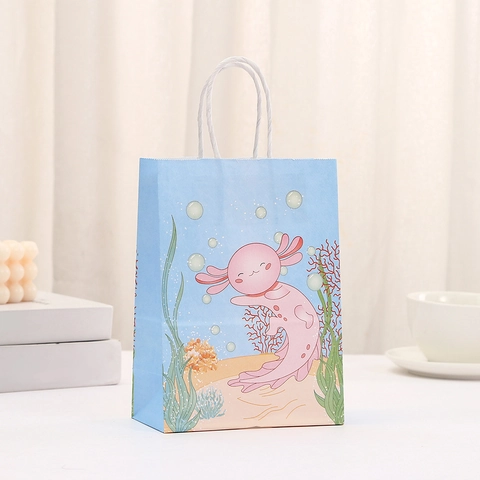 Bolsas de Regalo de Papel Kraft de Dibujos Animados de Ajolote Con Asas Patrón de Vida Marina para Fiesta de Cumpleaños Infantil Bolsas