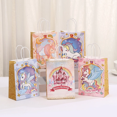 Bolsas de Regalo de Papel Kraft de Unicornio Con Lado de Brillo Dorado Impreso de Dibujos Animados Regalos de Fiesta Cumpleaños Bolsas de Mano Para Niños