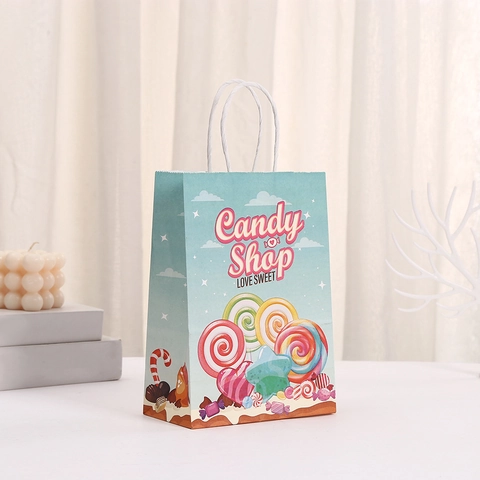 Sac à Main en Papier Imprimé Bonbons Dessin Animé Multicolore Sac Cadeau Sweet World pour Emballage de Cadeau de Fête d'Anniversaire