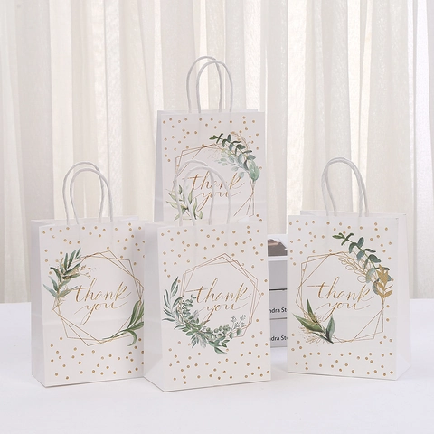 Sacchetto Regalo in Carta Kraft Bianca Con Manico Thank You Stampa Oro Design Foglie Elegante Confezione per Matrimonio Festa Shopping
