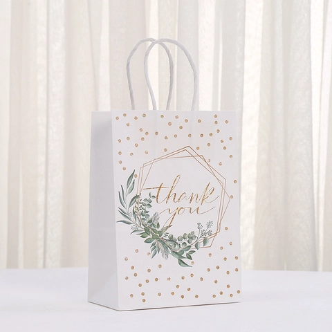 Sacchetto Regalo in Carta Kraft Bianca Con Manico Thank You Stampa Oro Design Foglie Elegante Confezione per Matrimonio Festa Shopping
