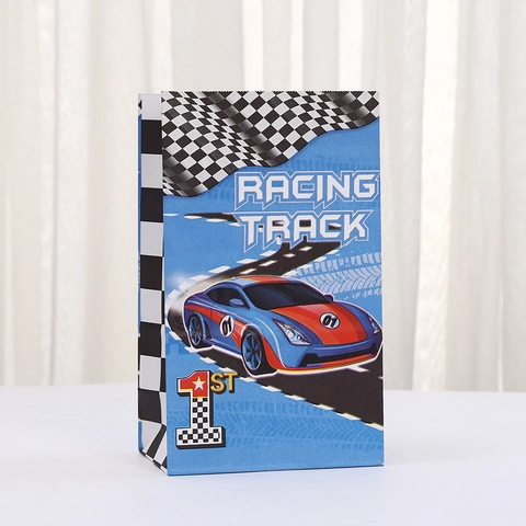 Sacchetti Regalo in Carta Kraft Stampati Con Auto da Corsa Con Bandiere a Scacchi Tema Pista da Corsa Dinamica Borse per Feste di Compleanno