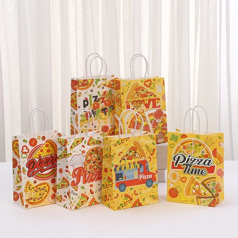 Cartoon Pizza Printed Kraft Paper Gift Bags With Handles For Party Favors Shopping Bags Pizza Time Gift Wrapping Bags