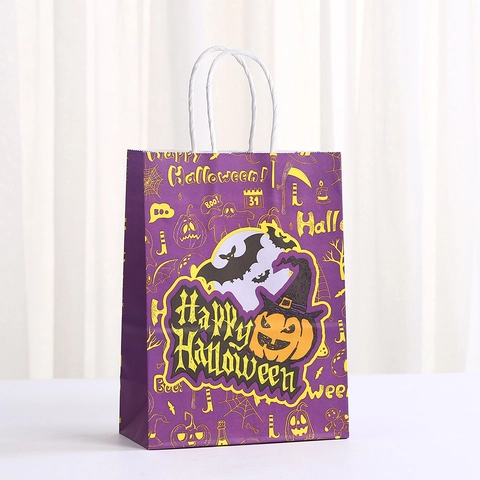 Bolsas de Regalo de Papel Kraft de Halloween Con Asas Estampado de Calabaza Murciélago Fantasma Bruja Bolsas de Caramelos para Decoraciones de Fiesta de Halloween