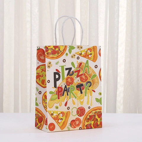 Cartoon Pizza Printed Kraft Paper Gift Bags With Handles For Party Favors Shopping Bags Pizza Time Gift Wrapping Bags