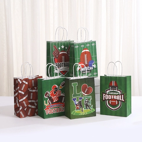 American Football Kraft Paper Gift Bags With Handles Sporty Athletic Theme For Super Bowl Birthday Party Wrapping Supplies