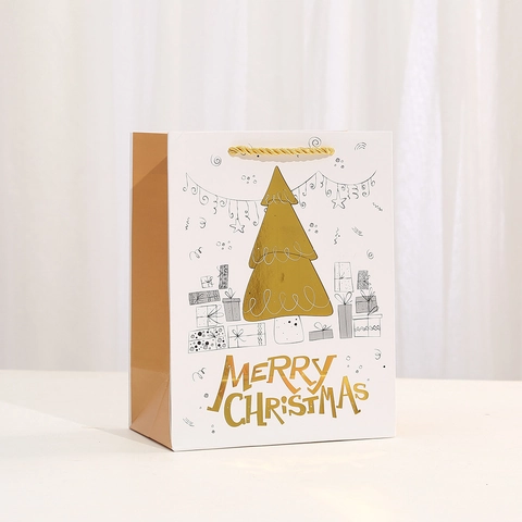 Festive White Gold Merry Christmas Paper Gift Bags With Handles Holiday Party New Year Favor Reusable Cardstock Treat Bags Xmas Gift Wrapping