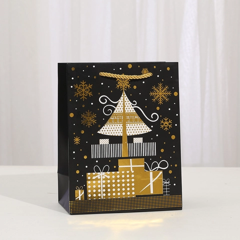 Weihnachten Rentier Muster Schwarz Papier Geschenktüten Mit Bronzieren Handwerk Gold Seil Griff Für Feiertag Party Süßigkeiten Verpackung Tüten