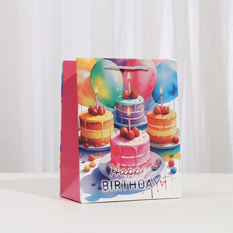 Sacchetto Regalo in Carta per Feste di Compleanno Cartone Bianco Con Motivo a Palloncini e Torta per Bambini