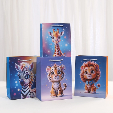 Cartoon Tier Geschenktüte Weißer Karton Party Bevorzugung Tasche Mit Seilgriff Löwe Tiger Zebra Giraffe Muster Süßigkeiten Beutel