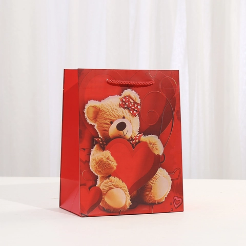 Red White Cardboard Gift Bag Cartoon Teddy Bear Heart Handbag For Valentine Day Wedding Birthday Party Gift Wrapping Paper Bag