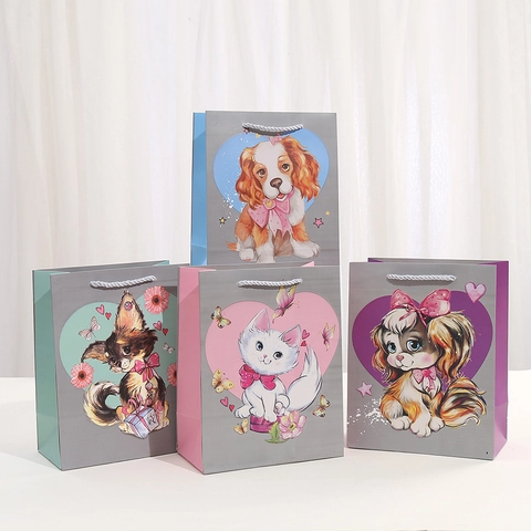 Sacchetti Regalo in Carta Cartoon Con Manici Cartoncino Bianco Simpatici Gatti Cani Stampati Borse per Compleanno Matrimonio Festa Shopping Confezione