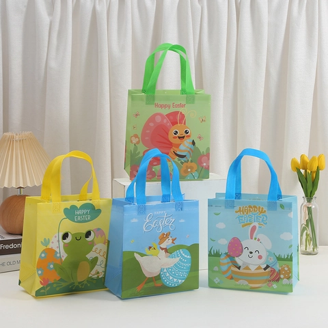Sacchetti Regalo Buona Pasqua in Tessuto Non Tessuto Borse Riutilizzabili Motivi Coniglio Pulcino Per Caramelle