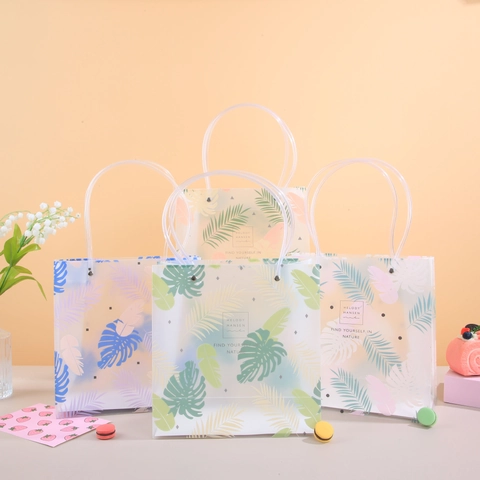 Minimalist Tropisches Blattmuster Transparent Kunststoff Handtasche Natur Stil PP Geschenkverpackung Tasche Für Hochzeit Party