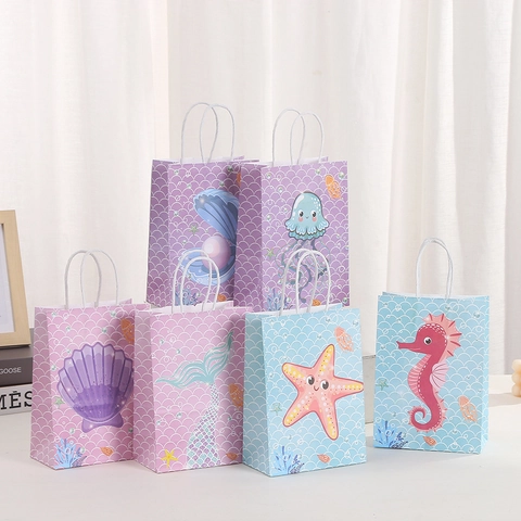Bolsas de Regalo de Papel Kraft con Tema de Sirena y Océano con Asa Patrón de Criaturas Marinas Rosa Azul Púrpura Bolsas de Regalo para Fiesta de Cumpleaños