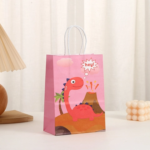 Cartoon Dinosaur Kraft Paper Gift Bag With Handle For Kids Birthday Party Favors Shopping Packaging Tote Bag