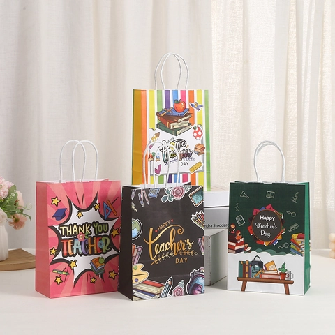 Happy Teacher's Day Paper Gift Bags With Handles Thank You Teacher Stationery Print Handbags For Celebration Gift Wrap