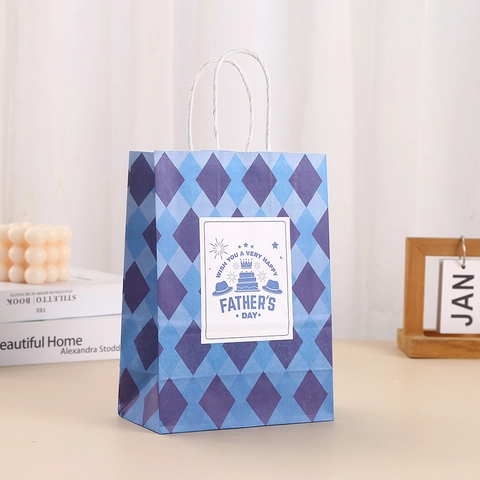 Sacs Cadeaux en Papier Kraft Fête des Pères Avec Poignées Bleu Plaid Argyle Thème Best Dad Hero Pour Fête Homme