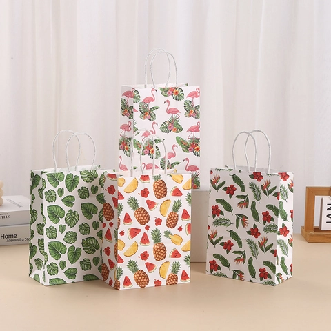 Sacchetto Regalo in Carta Frutta Tropicale Con Manici Cartoncino Bianco Spesso Motivo Fenicottero Ananas per Matrimonio Festa Compleanno