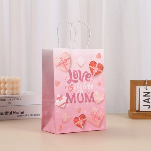 Geschenktüten Aus Kraftpapier Zum Muttertag Mit Griffen Happy Mother's Day Best Mom Ever Blumiges Herzmuster Party-Geschenkverpackungstüten Für Damen