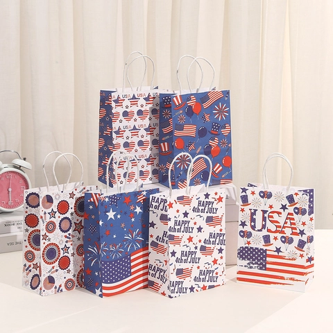 American Flag Paper Gift Bag July 4th Independence Day Patriotic Stars And Stripes Party Favor Treat Bag With Handles