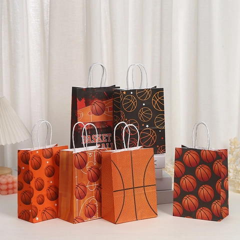 Basketbal Thema Papieren Cadeauzakjes Voor Verjaardagsfeest Sportief Oranje Basketbal Print Handvat Zakken Shopping Goodie Bags