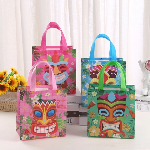 Hawaii Tropical Tiki Mask Non-woven Gift Bags Aloha Party Favor Bags With Handles For Luau Birthday Shopping Wrapping
