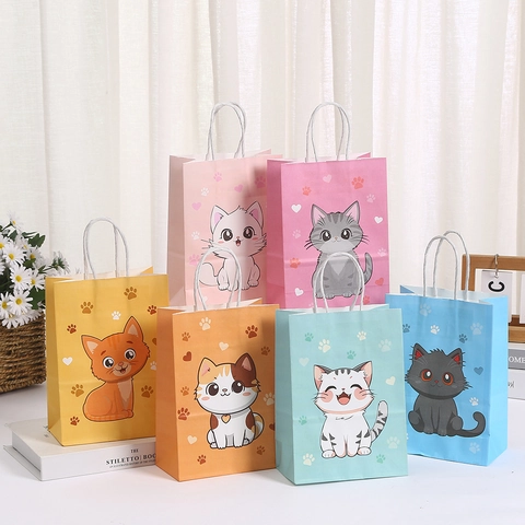 Bolsa de Regalo de Gato de Dibujos Animados de Papel Bolsa de Mano Con Asa Patrón de Corazón y Pata para Embalaje de Regalos de Fiesta