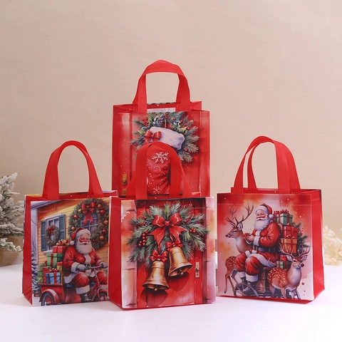 Christmas Non-woven Gift Bag Santa Claus Reindeer Pattern Festive Party Favor Packaging Shopping Bag Red Portable Handbag Xmas Wrap