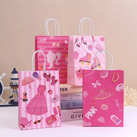 Pink Fashion Girl Silhouette Paper Gift Bags With Handles Cartoon Style Shopping Packaging Bags For Birthday Wedding Party