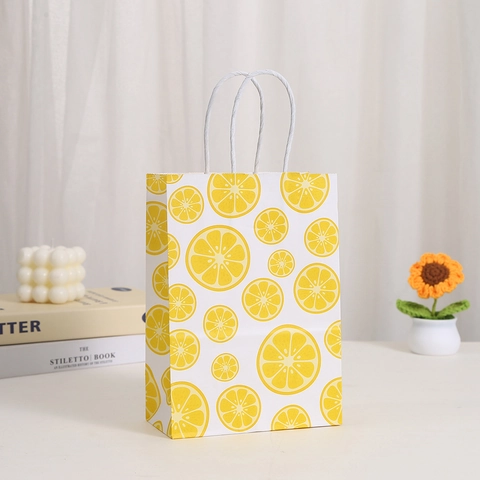 Fresh Lemon Print Paper Gift Bags With Handles For Party Favors Shopping Retail Treat Bags Handheld Kraft Paper Packaging