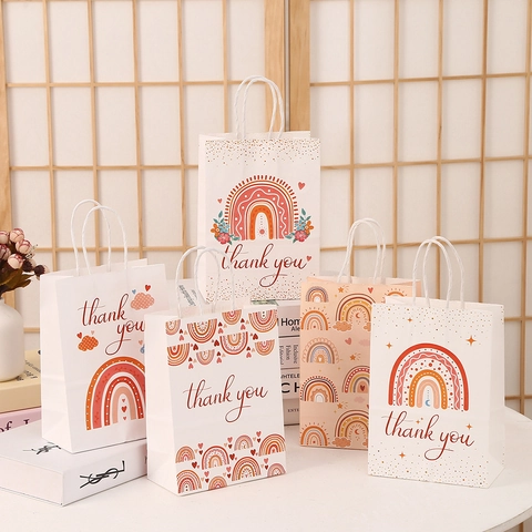 Bohemian Rainbow Kraft Paper Gift Bags With Handles Thank You Print Party Wedding Favors Shopping Treat Bags