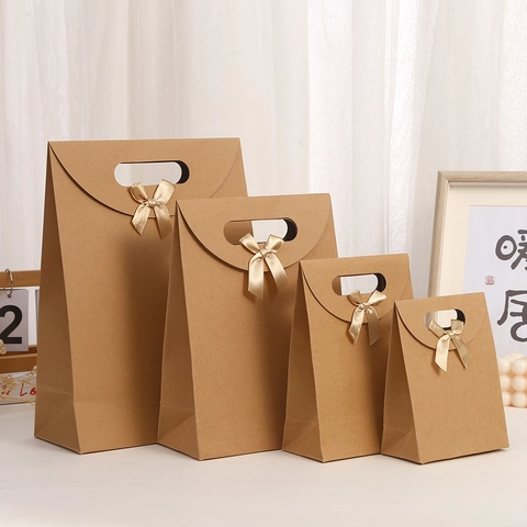 Minimalist Kraft Paper Gift Bags With Ribbon Bow For Festival Wedding Party Folding Handheld Packaging Bag