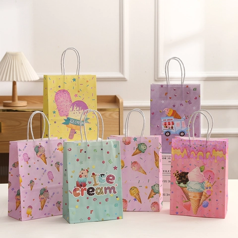 Bolsas de Regalo de Papel Kraft con Estampado de Dibujos Animados de Helado Con Asas para Recuerdos de Fiesta Cumpleaños Bolso de Embalaje Pequeño para Regalos Niños