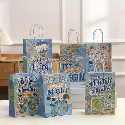 Vintage Reise Thema Kraftpapier Geschenktüten Weltkarte Druck Abenteuer Wartet Party Taschen Mit Griff Für Urlaub Geschenke