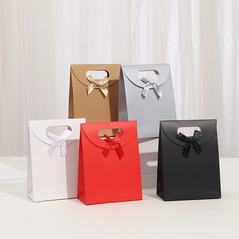 Minimalist Kraft Paper Gift Bags With Ribbon Bow For Festival Wedding Party Folding Handheld Packaging Bag