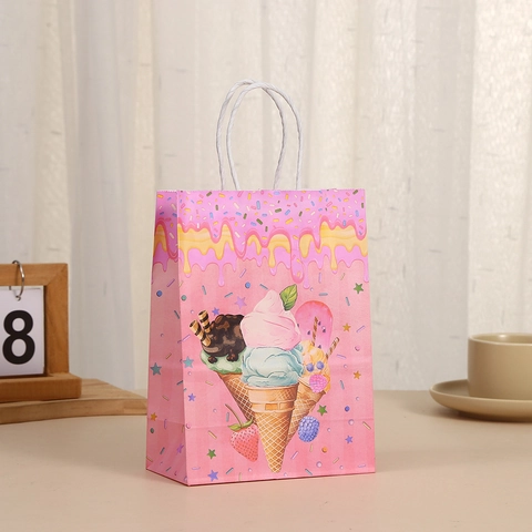 Bolsas de Regalo de Papel Kraft con Estampado de Dibujos Animados de Helado Con Asas para Recuerdos de Fiesta Cumpleaños Bolso de Embalaje Pequeño para Regalos Niños