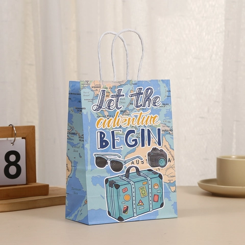 Vintage Reise Thema Kraftpapier Geschenktüten Weltkarte Druck Abenteuer Wartet Party Taschen Mit Griff Für Urlaub Geschenke