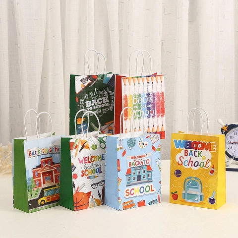 Back To School Kraft Paper Gift Bags With Handles Cartoon School Bus Stationery Printed Handheld Shopping Packaging Paper Bags