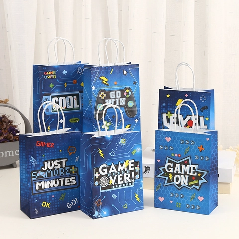 Sac Cadeau en Papier Kraft Thème Jeu Vidéo et Avion Avec Poignée Bleu pour Fête d'Anniversaire et Célébration