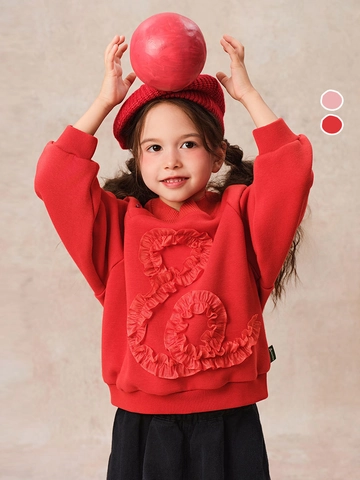 Girls Fleece Lined Sweatshirt New Chinese Style Frog Button Ruffled Warm Pullover Winter Long Sleeve Top For New Year