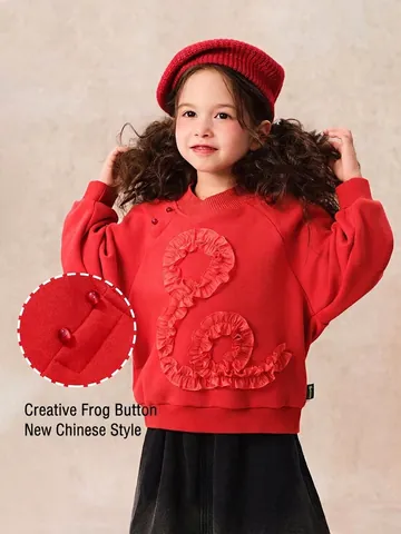 Girls Fleece Lined Sweatshirt New Chinese Style Frog Button Ruffled Warm Pullover Winter Long Sleeve Top For New Year