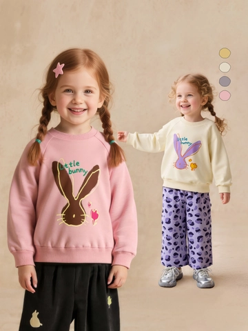 Girls Cute Cartoon Bunny Print Long Sleeve Sweatshirt Casual Cotton Blend Round Neck Pullover Top For Toddler Kids