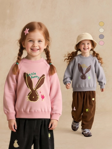 Girls Cute Cartoon Bunny Print Long Sleeve Sweatshirt Casual Cotton Blend Round Neck Pullover Top For Toddler Kids