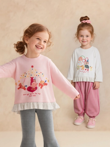Girls Sweet Cartoon Carousel Long Sleeve T-Shirt Cotton Blend Ruffle Spliced Hem Round Neck Autumn Top For Kids