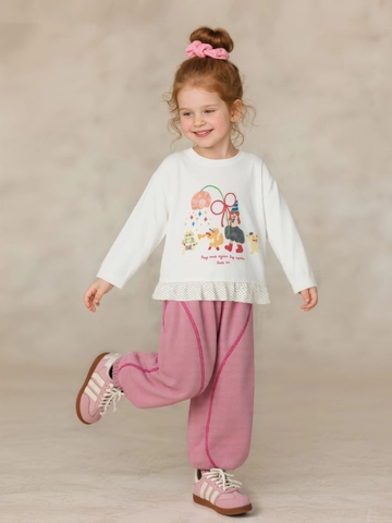 Girls Sweet Cartoon Carousel Long Sleeve T-Shirt Cotton Blend Ruffle Spliced Hem Round Neck Autumn Top For Kids