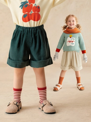 Kids Corduroy Shorts Retro Cuffed Design Elastic Waist Casual Cotton Pants For Girls Boys Spring Autumn Children Clothing