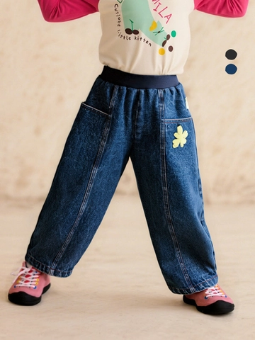 Amila Kinder Mädchen Weites Bein Denim Jeans Blumenpatch Elastischer Bund Baumwolle Polyester Herbst Hose Blau Schwarz